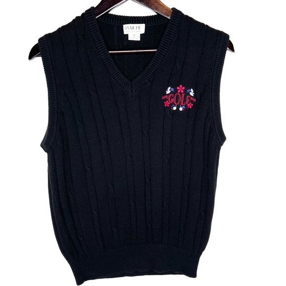 Vintage La Mode cable knit sweater vest black embroidered GOLF women’s size M - Picture 2 of 8